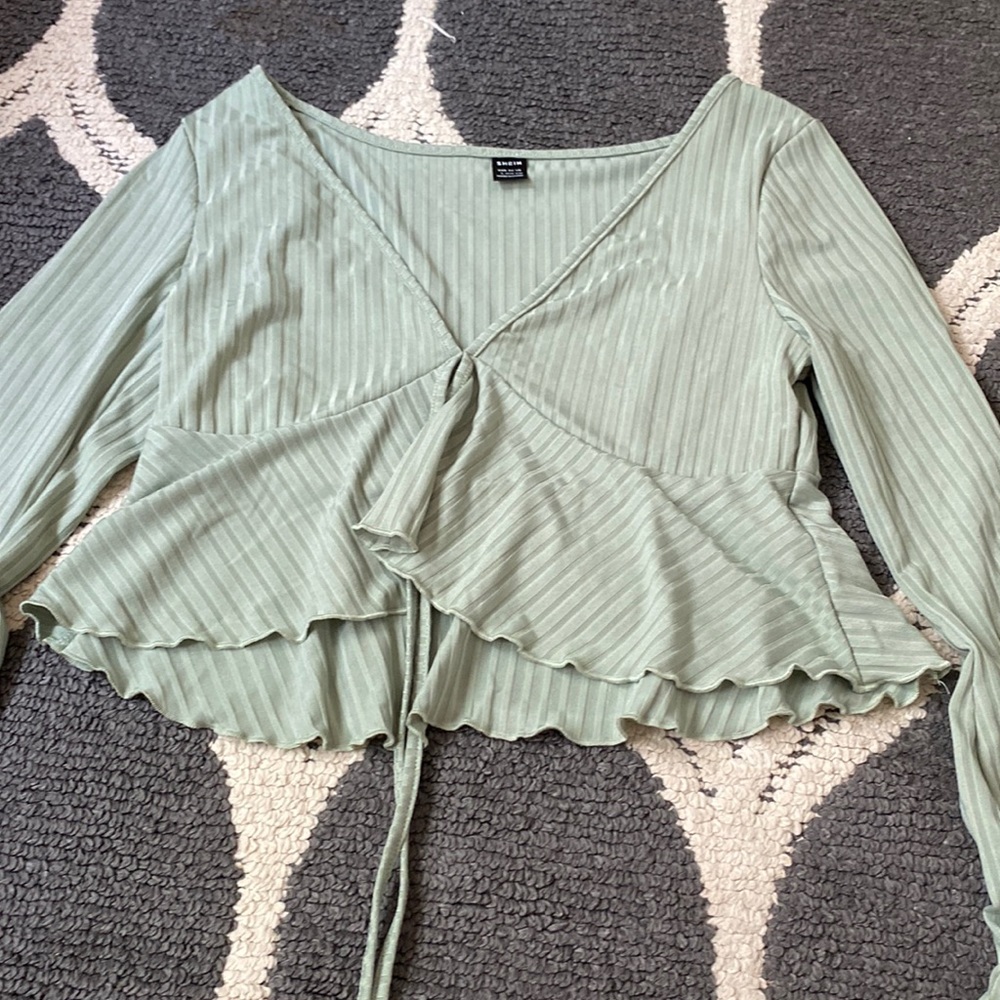SHEIN sold flounce sleeve tie front rubbed knit top